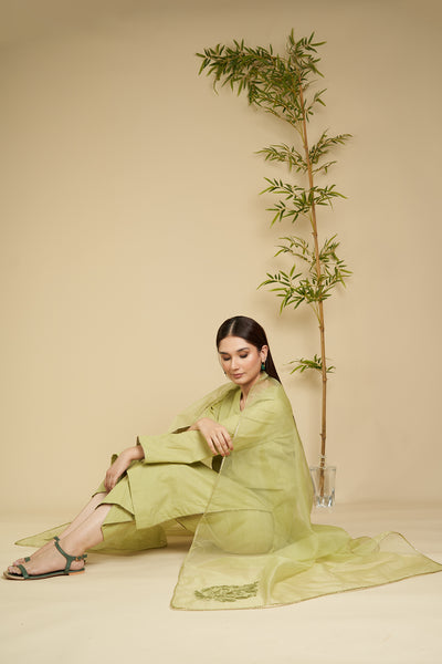 GAACHI's Olive Green 3-Piece Shemrey Suit with Organza Dupatta - A Perfect Blend of Elegance and Comfort